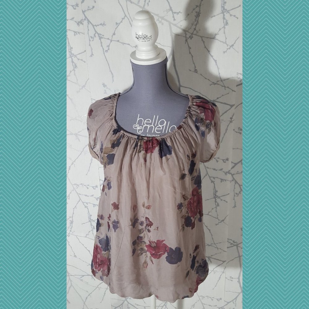 Marina Gigli Beige Floral Printed Scoop Neck Tee